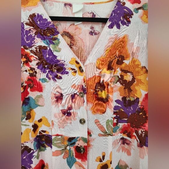 H&M Orange/Purple/Red/pink Floral Puff Sleeve V-Neck Sundress - button - Size S - Picture 3 of 4